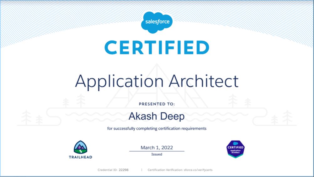 AkashDeepSinha_'s tweet photo. It gives me immense pleasure to announce that I am now a "Application Architect". 
This was a very exhausting and strenuous journey, spanning over hours of learning, going through various @trailhead and blogs. But I'm extremely happy to have completed this track.
@SalesforceArchs https://t.co/n29lwIZj8J
