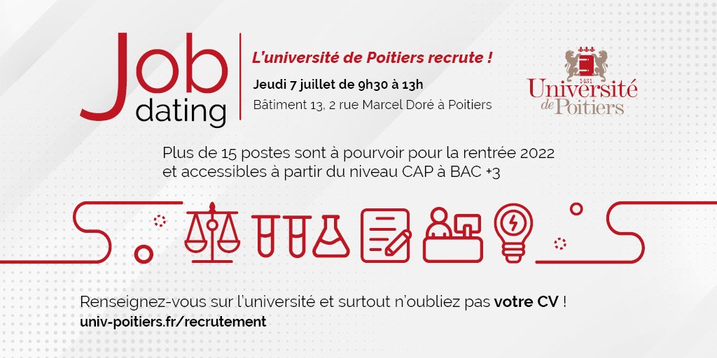 UnivPoitiers's tweet photo. [#JOBDATING]

🎉L'@UnivPoitiers organise son Job Dating le 7 juillet de 9h30 à 13h !
👉+ de 15 postes sont à pourvoir pour la rentrée 2022 et accessibles à partir du niveau CAP à BAC +3.

📍B13, 2 rue Marcel Doré à Poitiers
👋Inscription obligatoire : https://t.co/5f9v27mBBX https://t.co/cehdJZoFbv