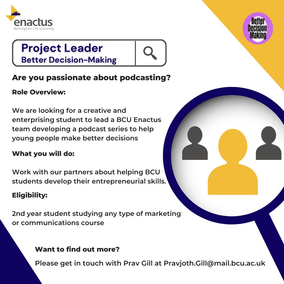 🚨Are you passionate about podcasting?

Join our team as a project leader for the Better Decision-Making Project.

If you are:

👉🏼 second-year <a href="/MyBCU/">Birmingham City University</a>  student
👉🏽studying marketing or a related degree
👉🏾creative and enterprising
👉🏿want to help young people

Reach out to Prav!