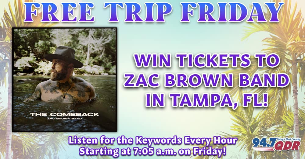 947WQDR's tweet photo. Get ready for take off for another #FreeTripFriday This time we are sending you to see @zacbrownband in Tampa, Florida! Listen all day Friday for your keywords! #947qdr https://t.co/zdKgedCkVx