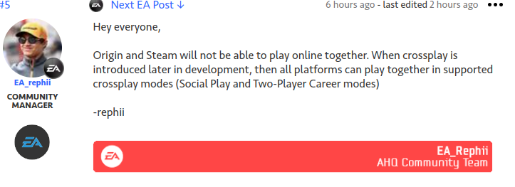 #F1 22  ist noch nicht mal raus und schon kommt raus das Multiplayer zwischen Origin und Steam erst mal nicht supportet ist. <a href="/EA/">Electronic Arts</a> @Codemasters wie kann man ein Spiel nur sooooo kaputt machen. Dies ist direkt der Killer für viele Online Ligen. Nach den Desync Problemen nun das.