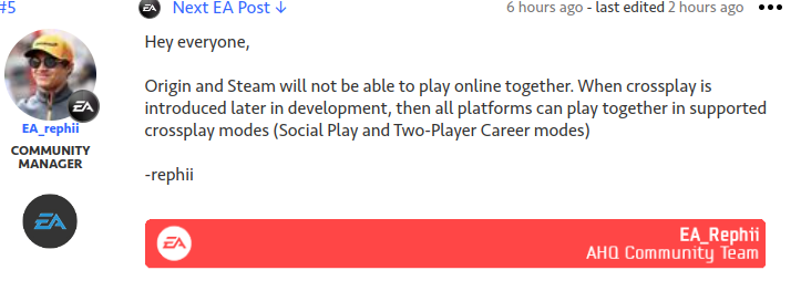 #F1 22 ist noch nicht mal raus und schon kommt raus das Multiplayer zwischen Origin und Steam erst mal nicht supportet ist. @EA @Codemasters wie kann man ein Spiel nur sooooo kaputt machen. Dies ist direkt der Killer für viele Online Ligen. Nach den Desync Problemen nun das.