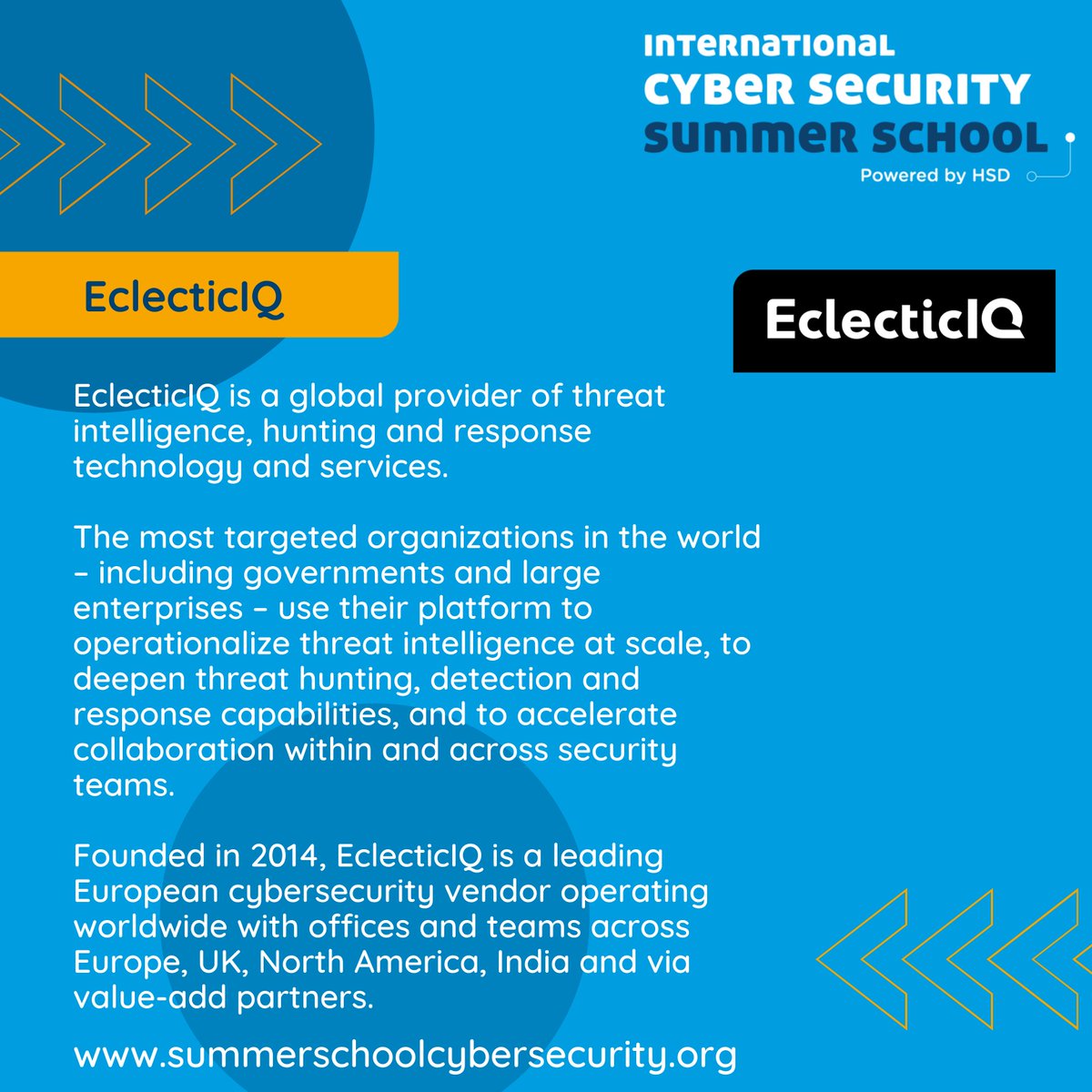 With their unique insights on threat intelligence, <a href="/EclecticIQ/">EclecticIQ</a> will again be providing our ICSSS students with an interesting lecture this year.

They will also be at our HR Event where our ICSSS students can learn more about the opportunities within the company.

#cybersecurity