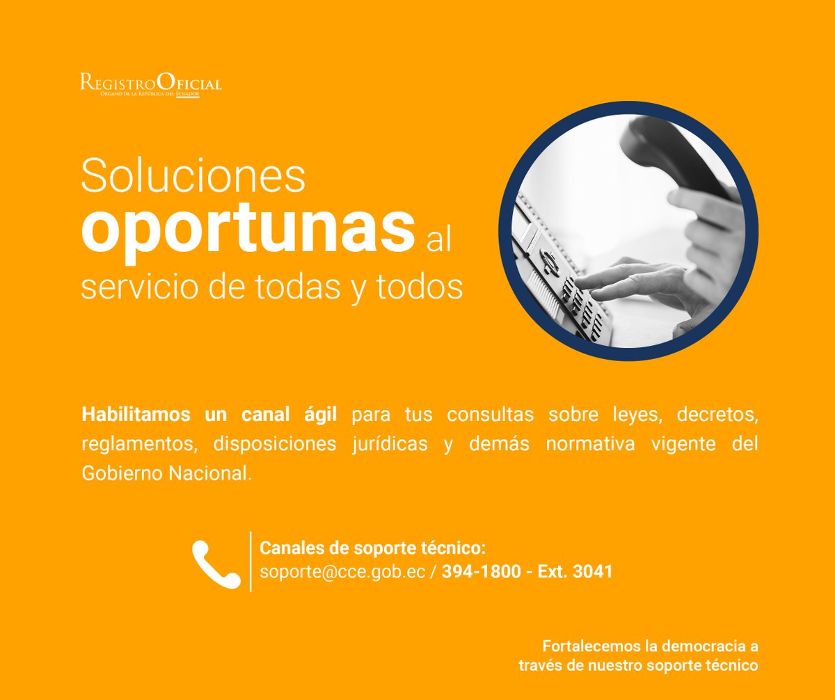 #SoporteTécnico | Nuestros canales de atención al usuario tienen la finalidad brindar una solución oportuna ante cualquier duda de instituciones públicas, privadas y ciudadanía.

Comunícate a:
💻 soporte@cce.gob.ec
📞 394-1800-Ext. 3041