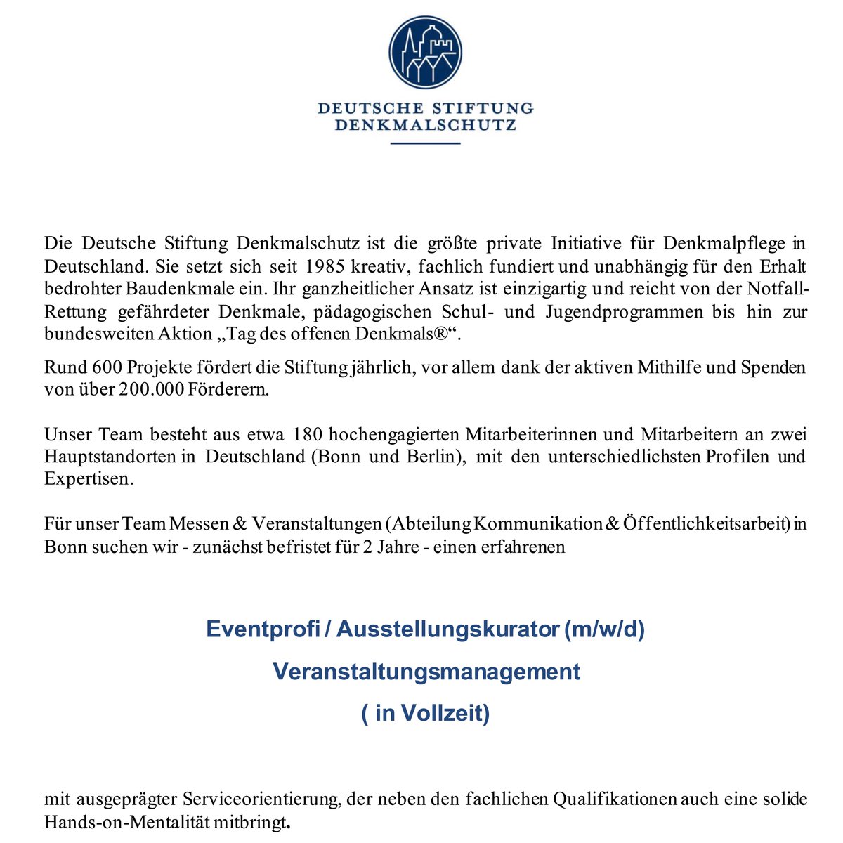 tweet_kul's tweet image. Deutsche #Stiftung #Denkmalschutz sucht #Eventprofi / #Ausstellungskurator (m/w/d) #Veranstaltungsmanagement (Vollzeit) in Bonn, Frist: keine, schnellstmöglich (!) #job #stellenanzeige  #Kultur #Kulturwissenschaft #Kommunikation #Mediadesign kultweet.de/jobs/Stiftung_…