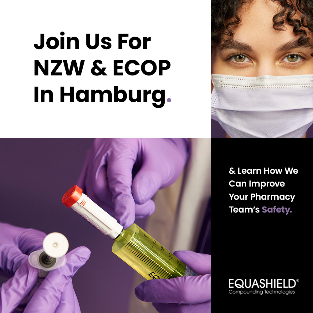 Equashield's tweet image. Equashield is presenting at the  NZW &amp;amp; ECOP in Hamburg between 30 June to 2 July. 
Join us at Booth 7.2 to learn how we can assist in protecting your pharmacy staff and increase efficiency. 
#NZW #ECOP #HazardousDrugs #Safety