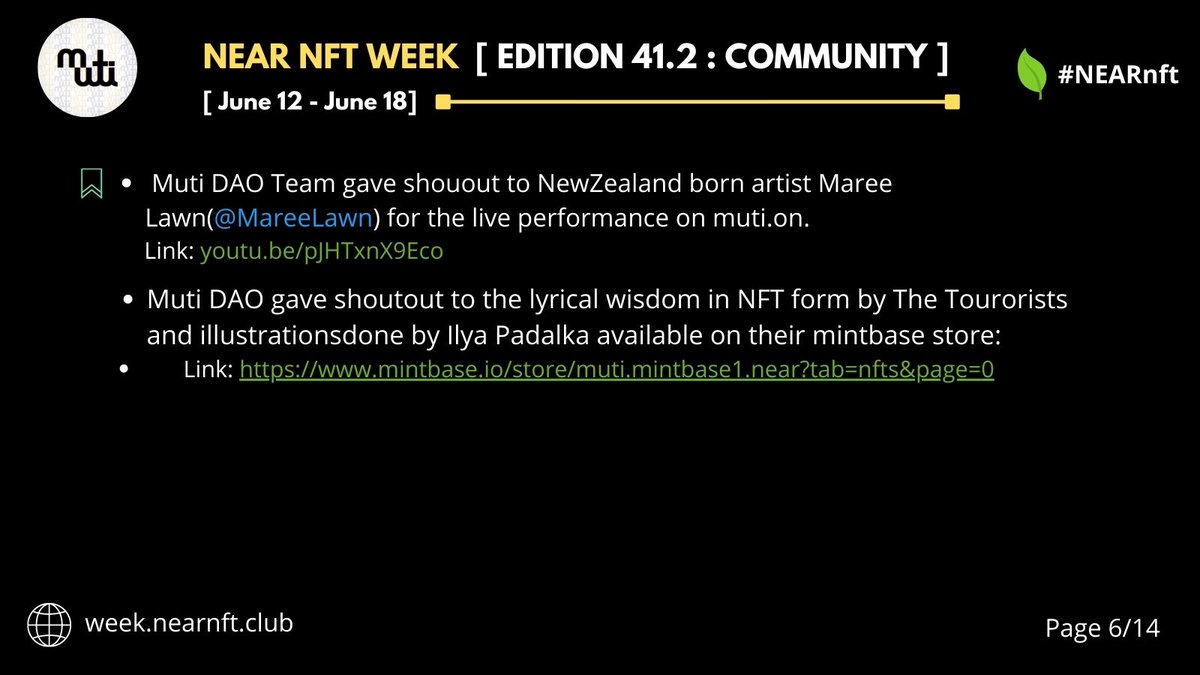 Weekly Highlights
<a href="/CollectiveMuti/">muti.collective</a>

✅ Shoutout to <a href="/MareeLawn/">Maree Lawn</a>
 
#NFT #NFTCommmunity
#NEARnft #NEARnftWEEK