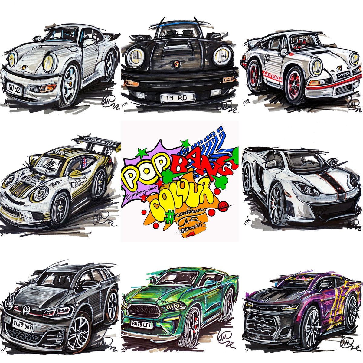 Popbangcolour's tweet photo. Some of the most recent #ContinuousCar drawings created @fosgoodwood , a collection of Porsches including the @RoslandRacing GT3 Cup car, a McLaren MP4-12C , @Jez_Merckel βs Golf , Bullitt Mustang & a purple Camaro
Which one is your favourite? #popbangcolour #ContinuousWheels https://t.co/09rqTPzXPu