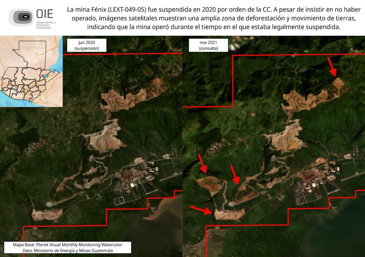 La mina Fénix fue suspendida el 18/06/2020 por orden de la CC. A pesar de insistir en no haber operado, imágenes satelitales muestran una amplia zona de deforestación y movimiento de tierras, indicando que la mina operó durante el tiempo en el que estaba legalmente suspendida.