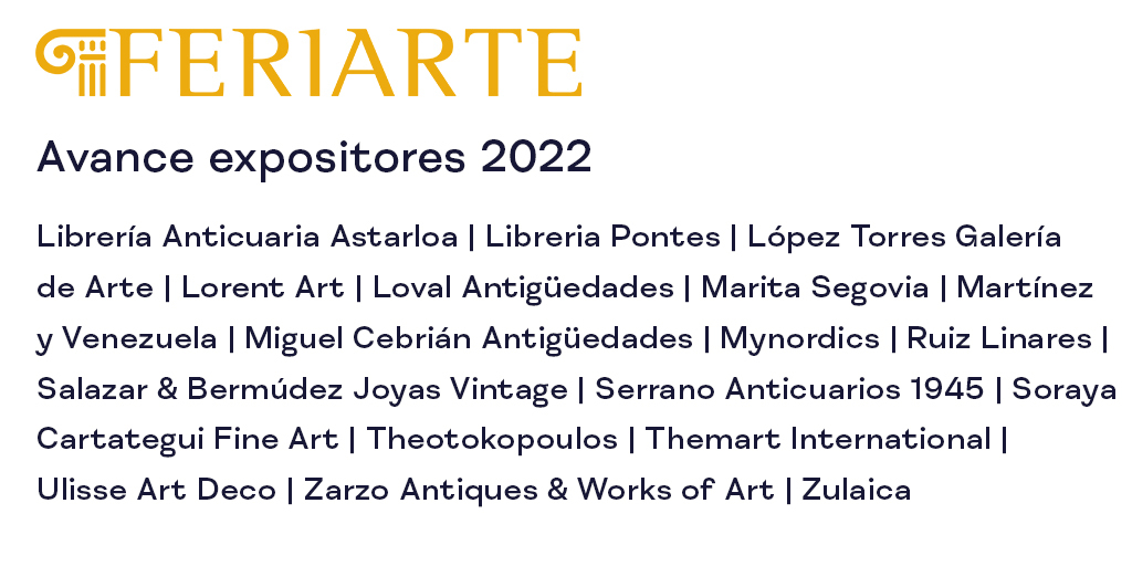 feriaFERIARTE's tweet photo. 🔴 ¡Estos son algunos de los expositores que participarán @Feriaferiarte 2022!

Próximamente daremos a conocer las localizaciones elegidas para que puedas encontrar más fácilmente el tipo de pieza que buscas en la Feria.

➡️ ¡Aún puedes inscribirte para participar como expositor! https://t.co/qZZNyTQzDX