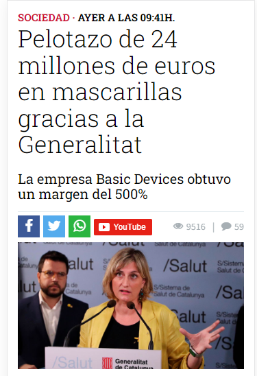CCivicaCatalana's tweet photo. Vaya por Dios. El Gob. Catalán hizo millonario a un tipo sin experiencia en sanidad con la compra de mascarillas

Pagó a su empresa 35 millones €, de los que 24 le quedaron 'limpios'

Ni una palabra en TV3. Están muy ocupados con la factura legal de 50.000€ del hermano de Ayuso https://t.co/FpA4SAiz6x