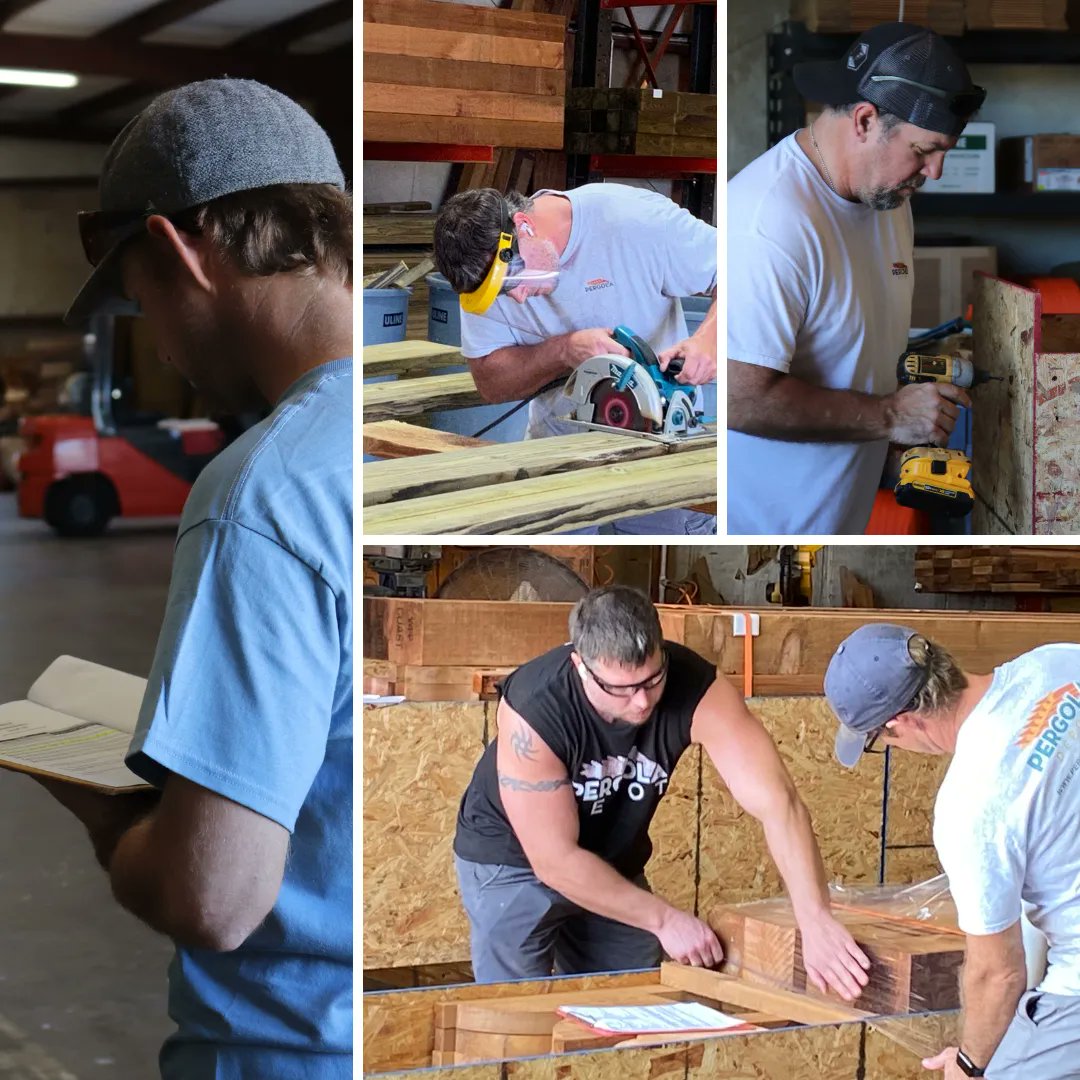 Pergoladepot's tweet photo. Behind the scenes adding finishing touches to pergola kits that are shipping to their new homes! We’re grateful for our team &amp; the attention they give to each kit that they build. Since 2008, we've been building quality DIY pergolas that ship to the lower 48! #USA #outdoors #DIY https://t.co/1FxCWWLdB9