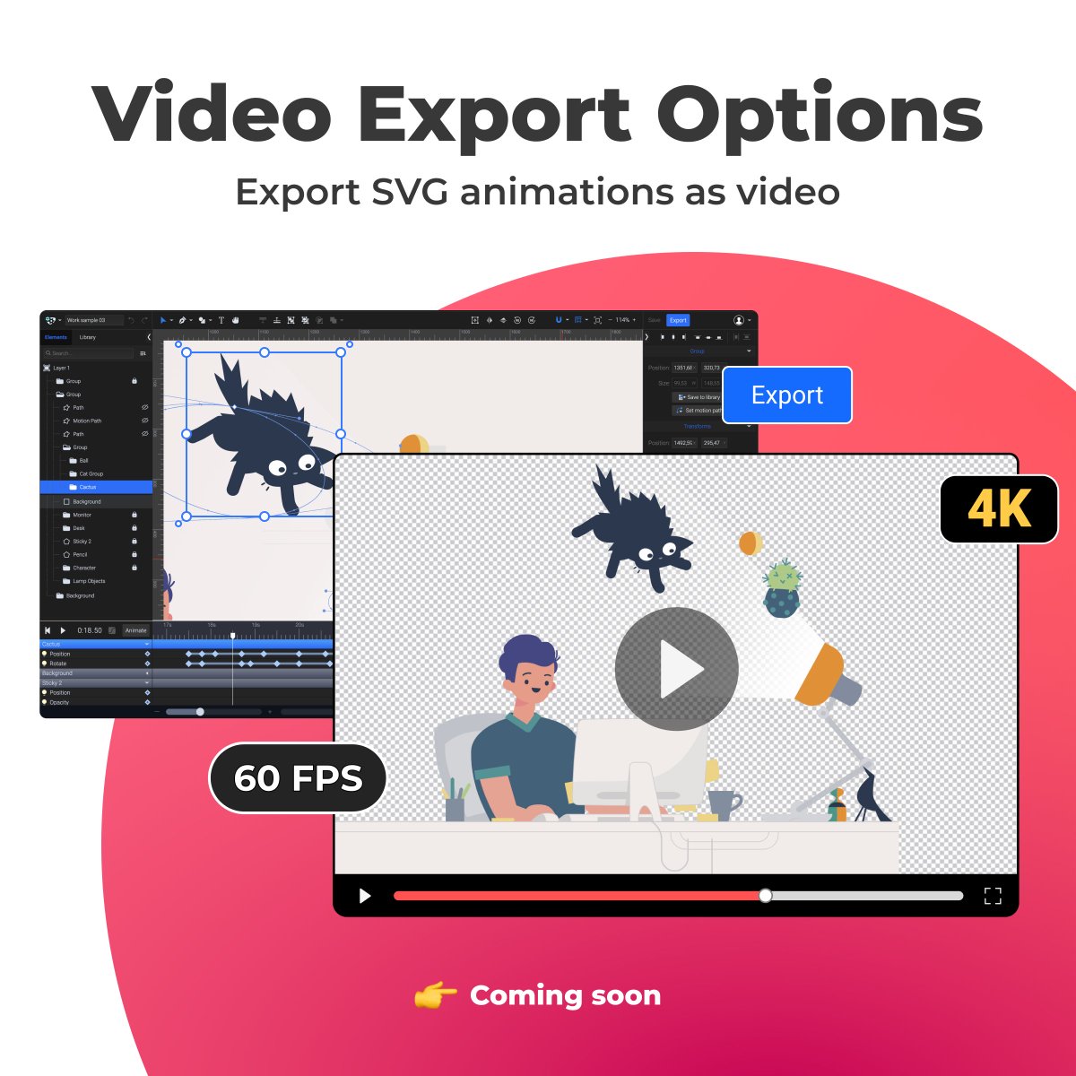 SVGatorApp's tweet image. 🚨VIDEO EXPORT options going live on 19 July 🎉 One of our users&apos; most desired features is this 🤏close to its release date! You&apos;ll be able to export your explainer SVG animations as high-resolution videos, up to 4k at 60 fps, and with transparency support 🤟

#SVGatorApp