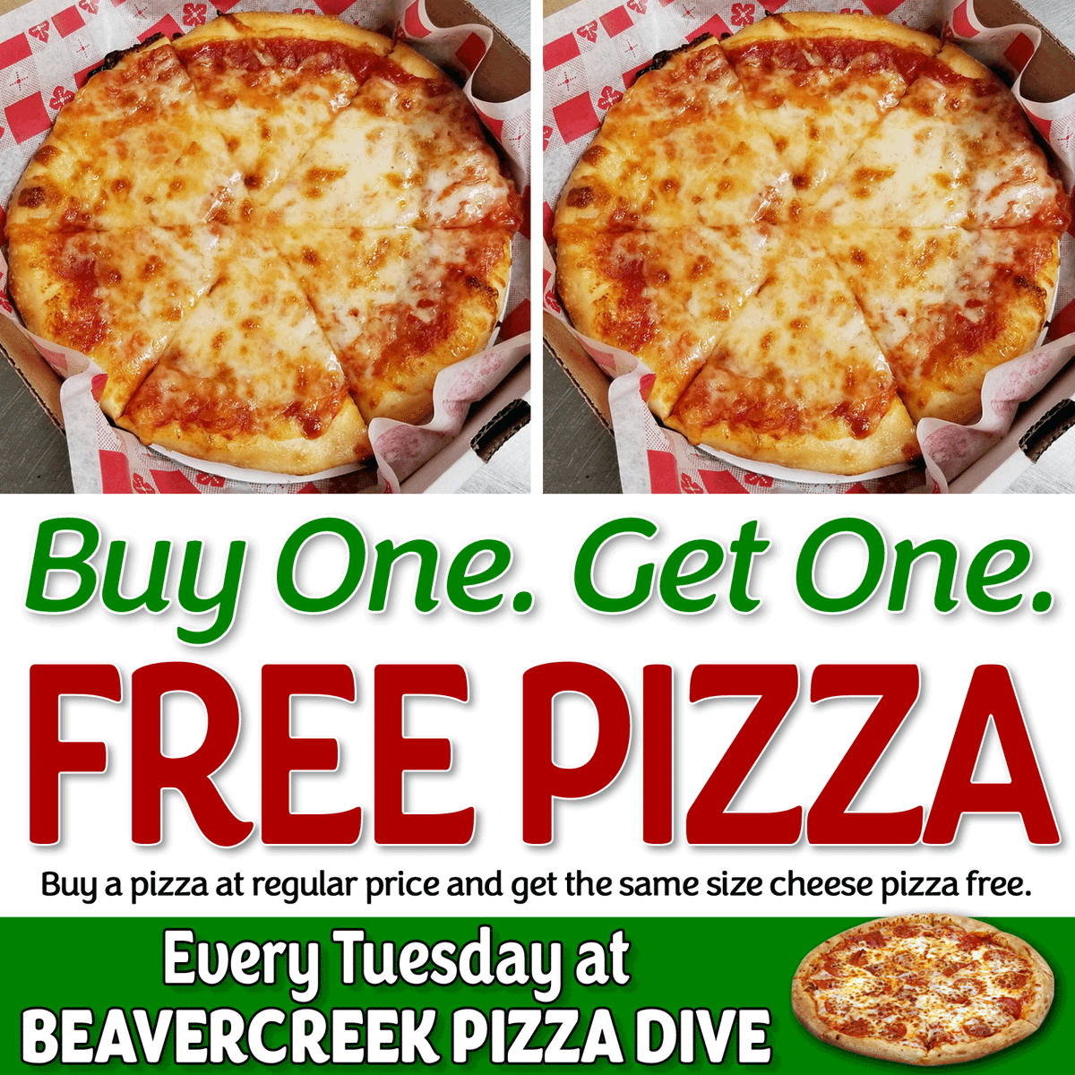 BCPizzaDive's tweet photo. 🍕 FREE PIZZA TUESDAY 
Buy a pizza at regular price &amp; get the same size cheese pizza FREE (add toppings at menu price).

🍕BEAVERCREEK PIZZA DIVE 🍕 
4021 Dayton Xenia at Grange Hall
Dine In • Delivery • Curb Service
📞937-431-8669
💻https://t.co/5H4QNZHNz0 https://t.co/3i2KbRpFow