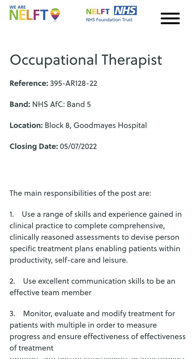💥 A great opportunity for a B5 Occupational Therapist to join #TeamNELFT 

Take a look below 👇

#AHPcareers 

careers.nelft.nhs.uk/jobs/occupatio…