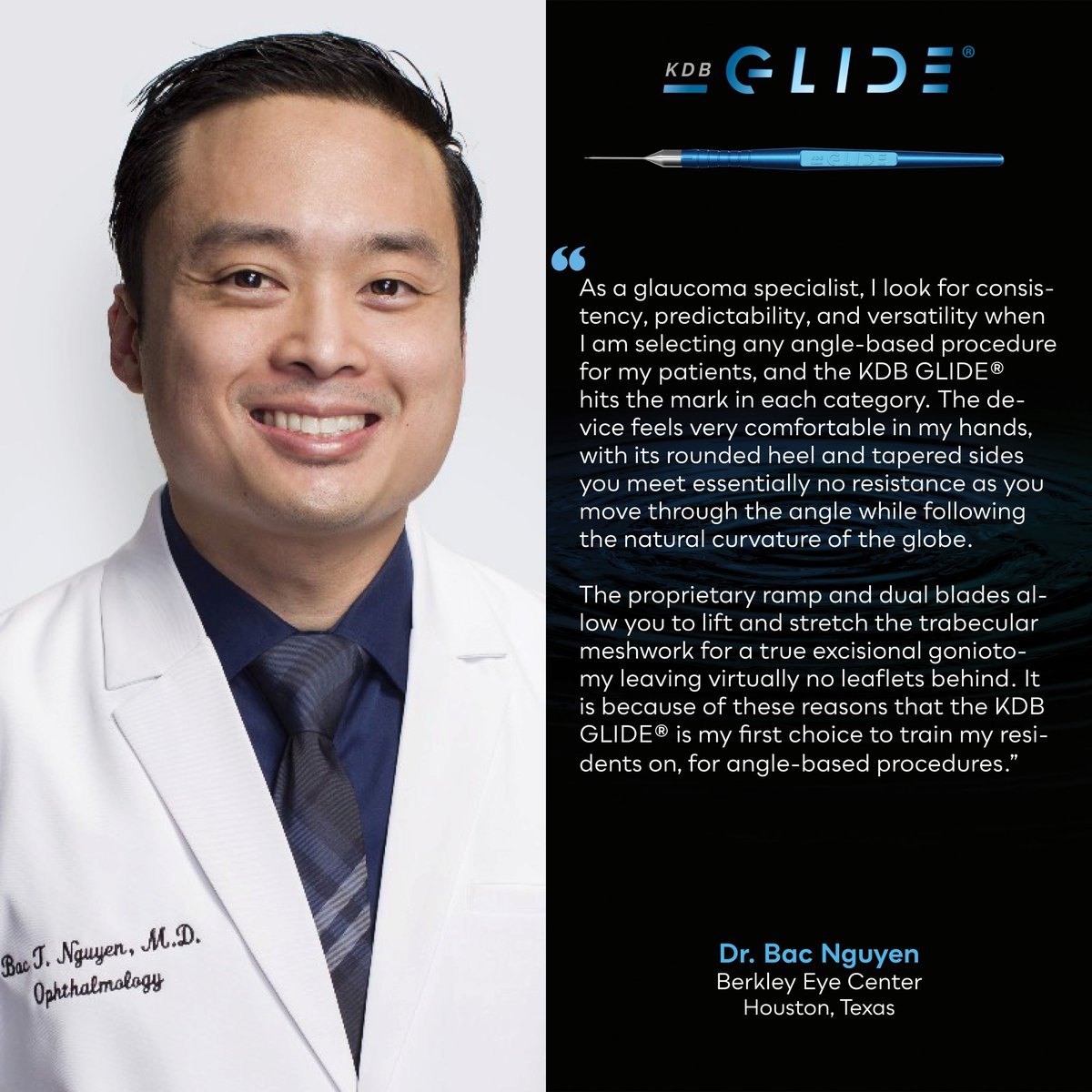 NWM_Inc's tweet photo. KDB GLIDE® allows for an optimal interface with the canal of Schlemm and clean excision of the trabecular meshwork, all while providing a smooth surgical experience.
Dr. Bac Nguyen shares his experience with KDB GLIDE®.
#KDBGLIDE #ExcisionalGoniotomy #NewWorldMedical https://t.co/XWLQIpsN1A