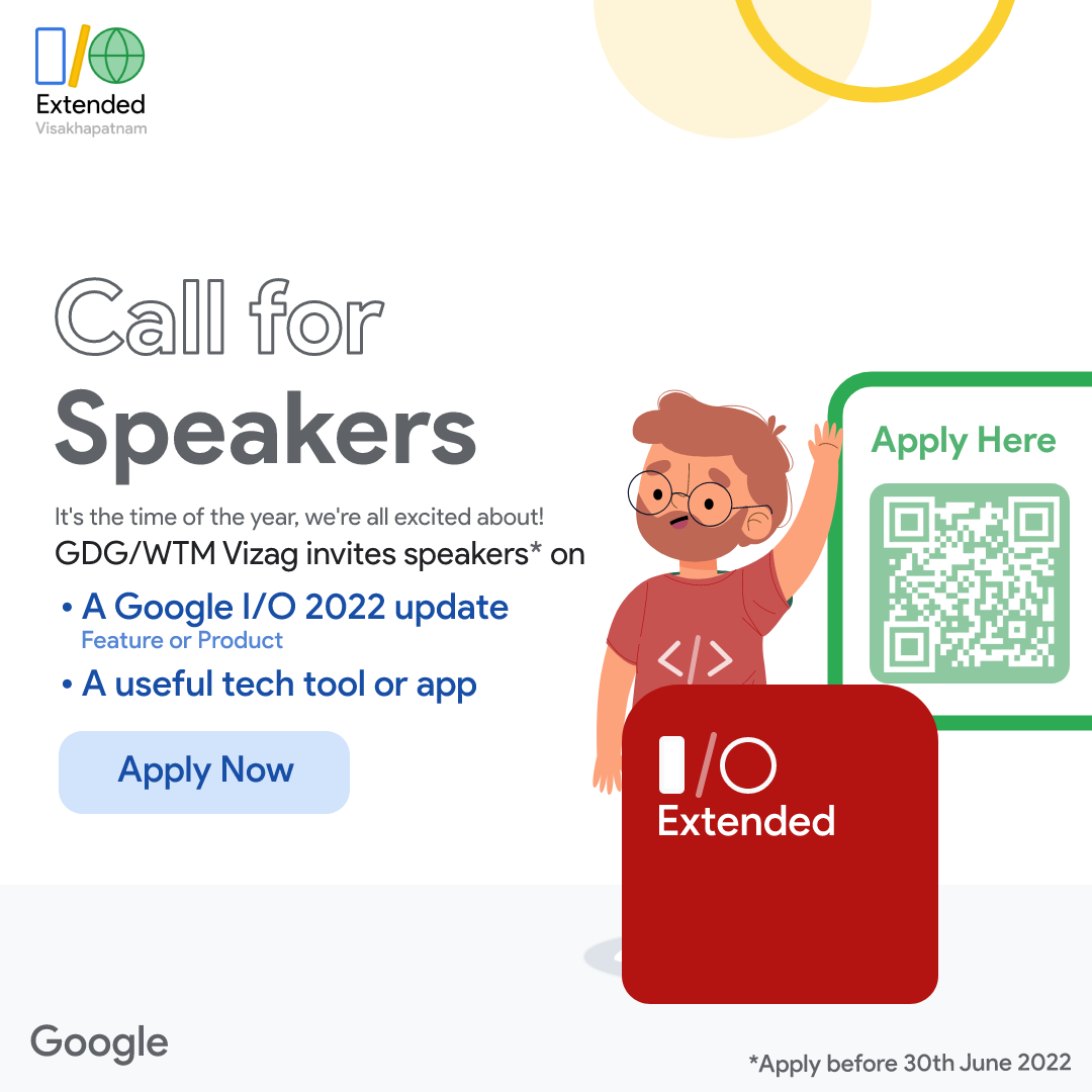 GDG/WTM Vizag invites speakers 🗣️ for Vizag I/O Extended on the following: 1. Google I/O 2022 feature or product update Or 2. A useful tech tool or app Trivia: Scan the QR code to visit the form to apply as a speaker! #ioextended #io2022 #google #developer #technology #conference