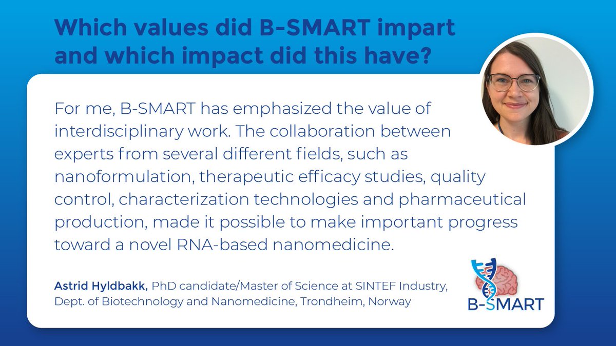 Astrid Hyldbakk from <a href="/SINTEF/">SINTEF</a> shares with us her enthusiasm for interdisciplinary work. You can hear more from Astrid and the impact #BSMART had on her career also in this interview: 👉youtube.com/watch?v=y7MV77…
#RNA #nanomedicine #EUfunded #research