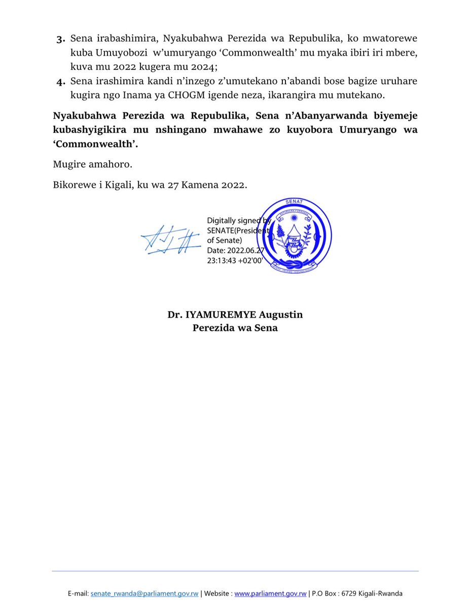 RwandaParliamnt's tweet image. Ubutumwa bw’ishimwe bwa Sena bwo gushimira Perezida wa Repubulika y’#Rwanda Nyakubahwa Paul Kagame kubera uruhare yagize kugira ngo inama ya #CHOGM2022 igende neza kandi igere ku ntego zayo, n’Abanyarwanda bose bakaba baratewe ishema n’imitegurire n’imigendekere myiza y’iyi nama.