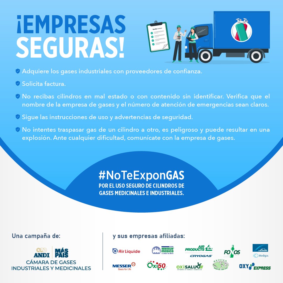 ANDI_Colombia's tweet photo. #NoTeExponGAS Más del 80% de las industrias usan gases en sus procesos de producción. Por esto, sigue estas recomendaciones para su adquisición, uso y almacenamiento. Así evitarás accidentes.
Conoce más👉 https://t.co/coLb6iW7hV
Una campaña #ANDIGases
#MásPaísANDI https://t.co/6L6PptXqHB