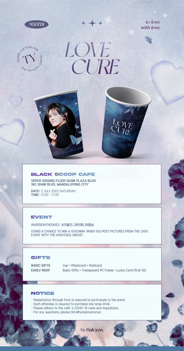 halcyon0701's tweet photo. ꒰ 𝑳𝒐𝒗𝒆 𝑪𝒖𝒓𝒆 ♡ ꒱

𝐇𝐀𝐋𝐂𝐘𝐎𝐍 𝐃𝐀𝐘
2022 Birthday Project

〰️

𝐏𝐀𝐑𝐓 𝟐 — 생일카페

Metro Manila, Philippines
Collaboration with @tyongloversclub 

📍Black Scoop Cafe
🗓 2 July 2022

💌 RSVP:
https://t.co/NS96sVPzQU

#TAEYONG #태용
#러블리_28번째_태용날 https://t.co/qPZ32kMtPN