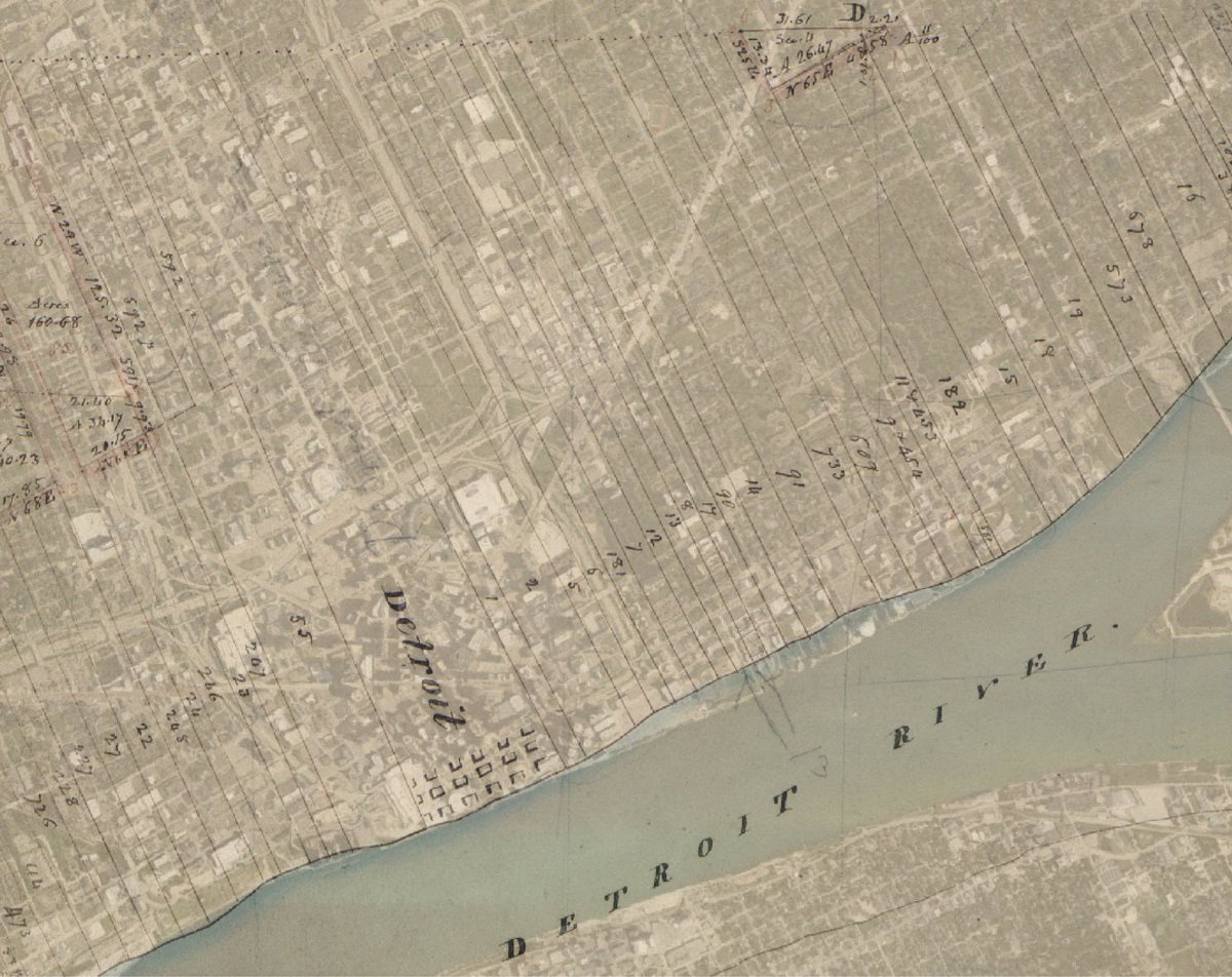 Some fun with georeferencing at work: modern #Detroit with an 1818 General Land Office map superimposed on top. Just look at those French long lots! 

(Why did I do this, you may ask? Well… I guess you’ll just have to wait and see! #NACIS2022)
