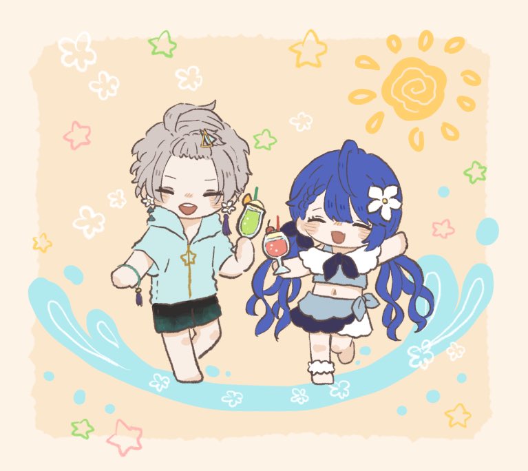 1boy 1girl blue hair chibi cup closed eyes swimsuit  illustration images