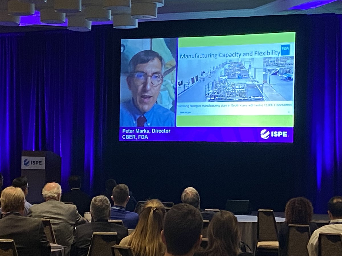 ISPEorg's tweet photo. Peter Marks, MD, PhD, Director, Center for Biologics Evaluation and Research (CBER), FDA, kicked off the 2022 #ISPEBio Conference highlighting how the FDA is conducting and sponsoring applied scientific research and refining the regulatory framework for advanced manufacturing. https://t.co/5kDJaVJxca