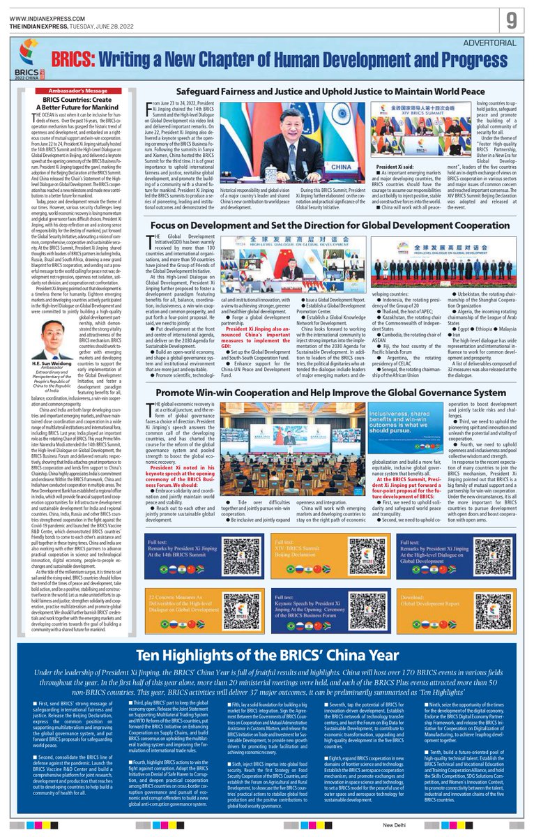 China_Amb_India's tweet photo. Pls read our special page on BRICS Summit @IndianExpress,sharing spirit,outcomes&amp;highlights #BRICS2022. China &amp; India maintain close coordination in wide range of multilateral institutions &amp; int'l fora.China highly appreciates India’s commitment&amp;endeavor. https://t.co/1yRzJxE8Qs https://t.co/HRWY2cRD3q