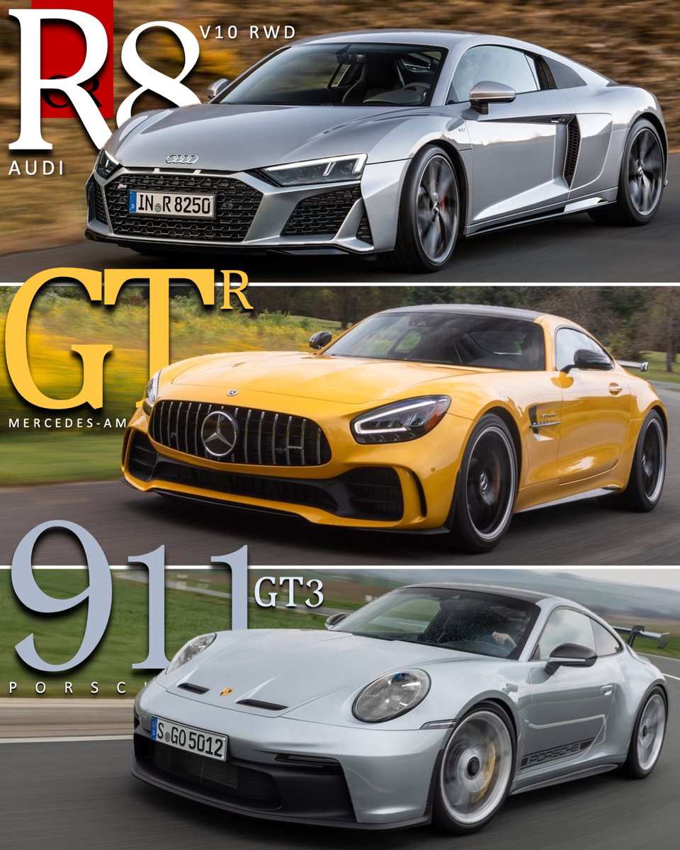 They’re RWD and will cost you a bit more than $150k. Different engine and exterior design philosophies. It’s a matter of personal taste. What’s you pick: the #AudiR8, the #MercedesGTR or the #Porsche911GT3? Comment below

#Audi #R8 #auditt #audirs3 #audirs5 #audirs6 #mercedesamg