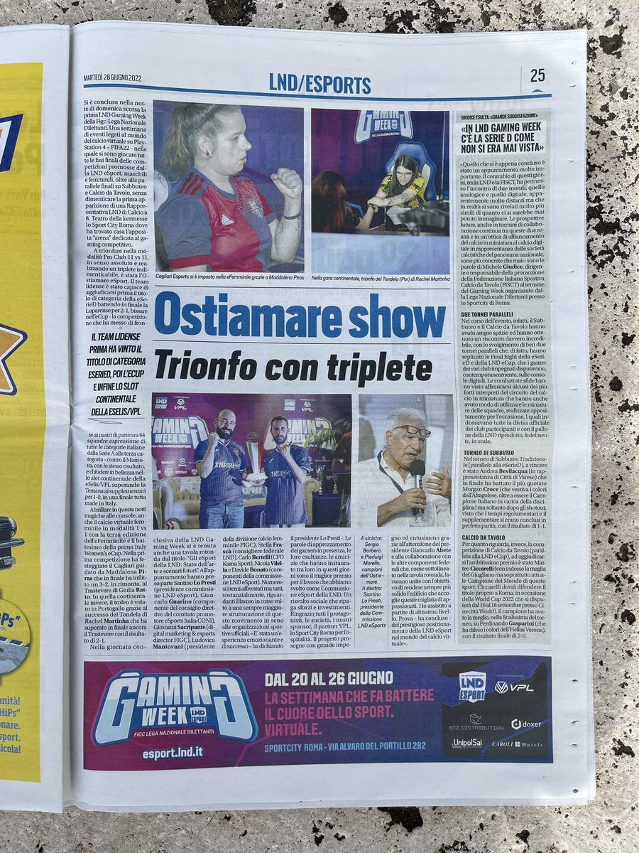 Ostiamare Esports (@ostiamareesp) on Twitter photo Oggi su <a href="/CorSport/">Corriere dello Sport</a> e <a href="/tuttosport/">Tuttosport</a> parlano di noi e della nostra impresa nella #GamingWeek.
<a href="/MomentumVPC/">MomentumVPC</a> <a href="/LNDEsport1/">LND Esport</a> Oggi su <a href="/CorSport/">Corriere dello Sport</a> e <a href="/tuttosport/">Tuttosport</a> parlano di noi e della nostra impresa nella #GamingWeek.
<a href="/MomentumVPC/">MomentumVPC</a> <a href="/LNDEsport1/">LND Esport</a>