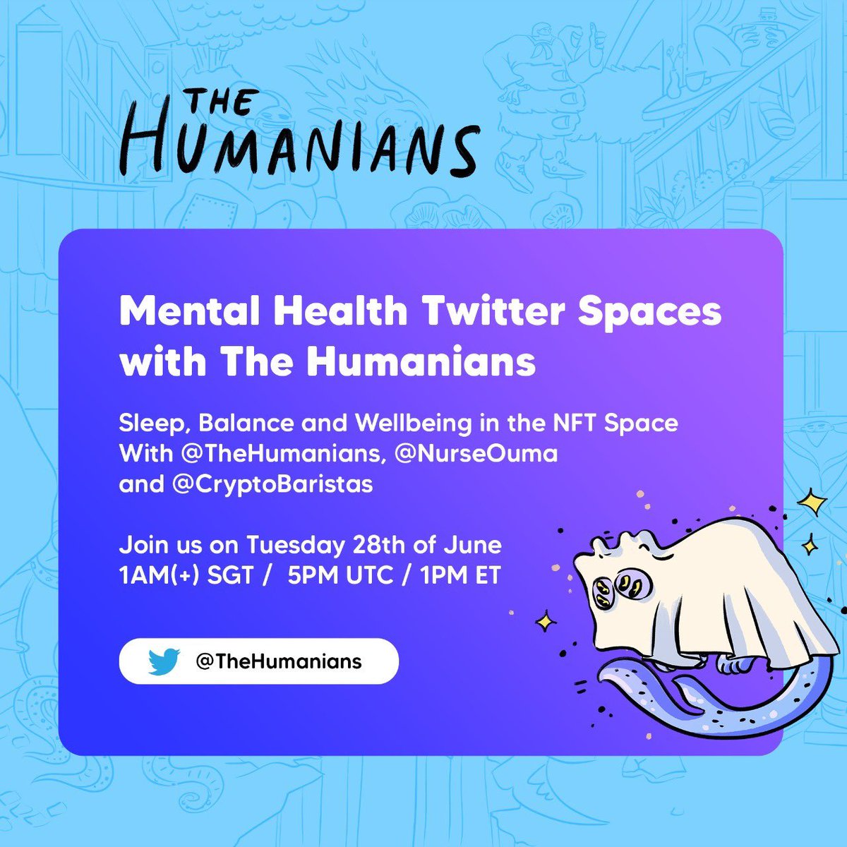 TheHumanians's tweet photo. Hey Humanians! Mental health is one of our pillars and we're here to look our for each other &amp; spread the positivity!

Join us to Twitter spaces today with @cryptobaristas and @NurseOuma to discuss mental wellbeing in the NFT space 🤍

Set a reminder here:
https://t.co/vUPJZTcATk https://t.co/OQjHC1osDb