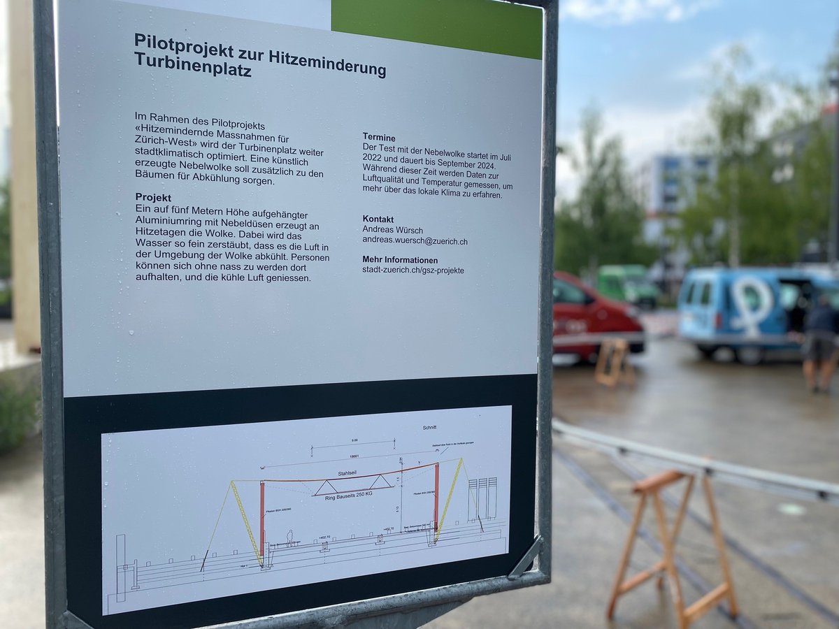 technopark_zh's tweet image. 🌨 Getting ready for the next hot summer day! @stadtzuerich is installing a pilot artificial cloud on #turbinenplatz just in front of @technopark_zh. 
The aim ➡️ colling down the heat through artificially created fog. Let's test it!

#climatechallenge #artificialcloud #cooldown
