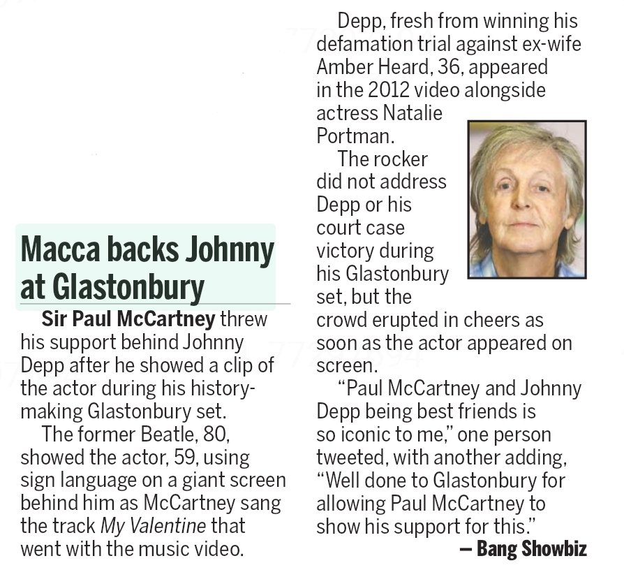 LakotaDi's tweet photo. Toronto Sun 28 June has this #PositivityforJohnnyDepp regarding Glastonbury which is different than other papers.
#JOHNNYDEPPWINS https://t.co/BNqWZdfzpo