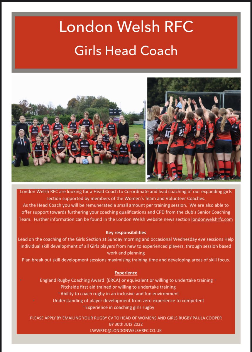 Exciting news!  We are looking to hire a Girls Head Coach. They will be supported by volunteers and players from the Womens Squad… remuneration per session. Further details here 👉 londonwelshrfc.com/exciting-new-c…