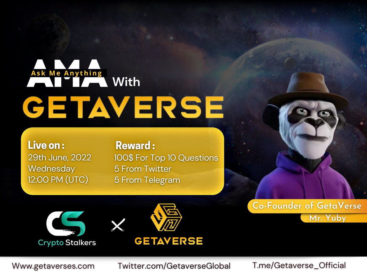 📢 We're thrilled to announce our next #AMA with <a href="/GetaverseGlobal/">Getaverse</a> on 29th June 12:00 PM UTC

💰 Reward Pool: 100$
📍 Venue: t.me/thecryptostalk…
〽️ Rules:
✅ Follow @StalkersCrypto &amp; <a href="/GetaverseGlobal/">Getaverse</a> 
✅ Like &amp; Retweet
✅ Comment Questions &amp; Tag 3 Friends with BEP20 address