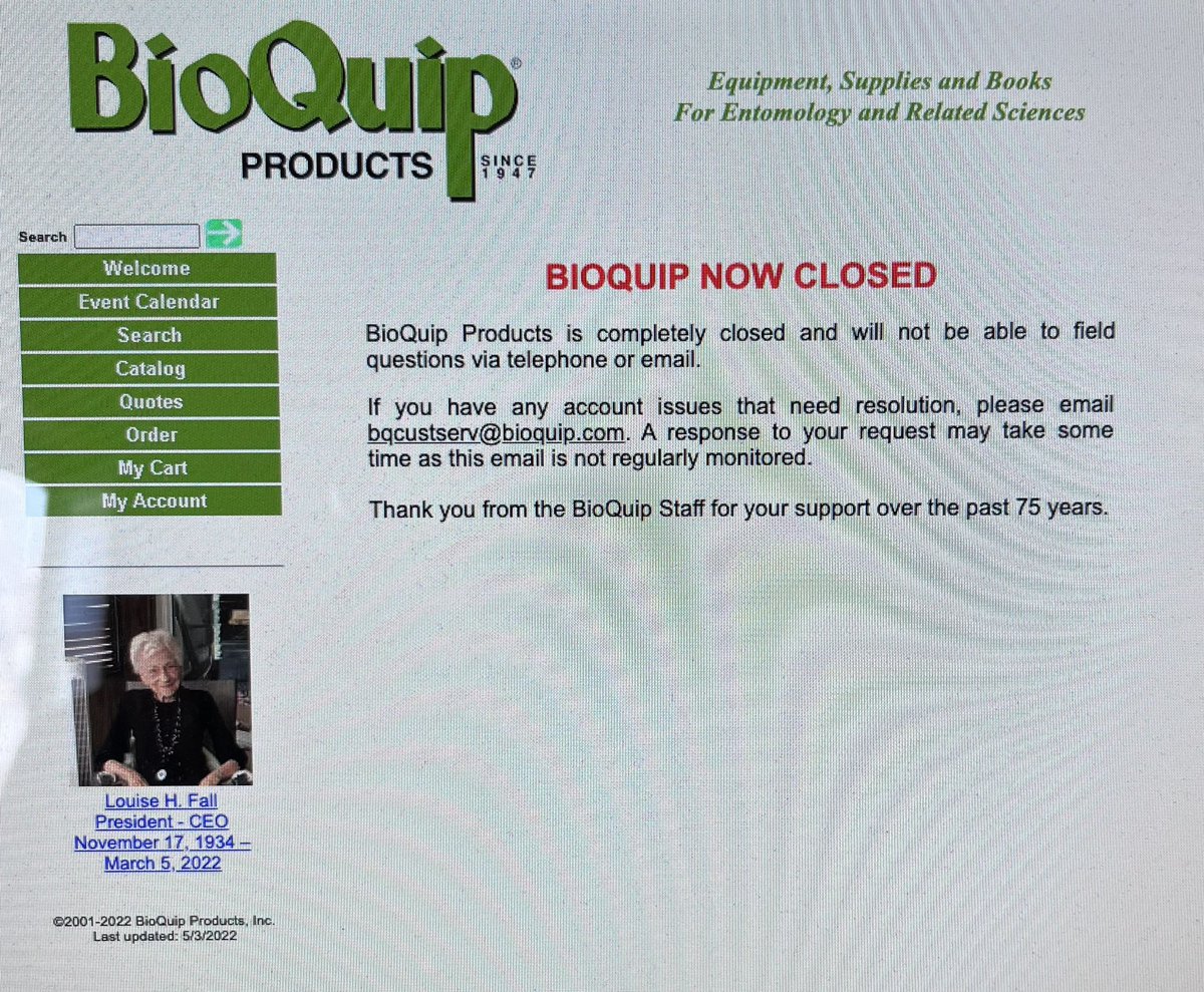 ChrisWWheat's tweet photo. OMG … has BioQuip really closed down? Just noticed that Louise Fall, their CEO also passed this year. Very sad. They were the best Entomology supply store!!! Their butterfly nets are excellent #BioQuip https://t.co/eHn8TmrpOd