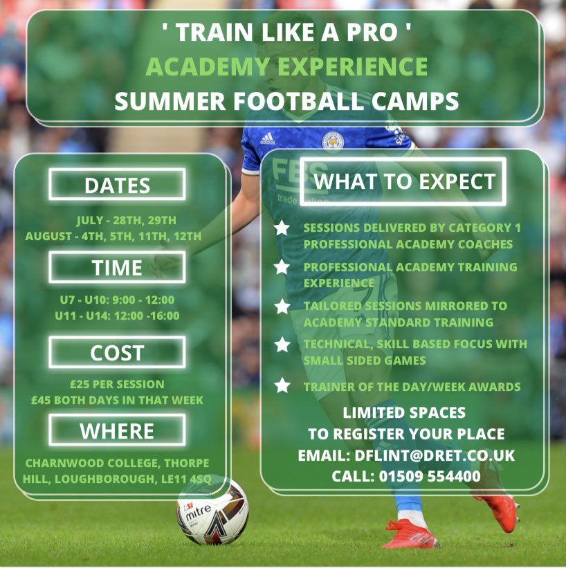 CharnwoodFA's tweet photo. Do you want to take your game to the next level?

Have the opportunity to work with Category 1 Academy Coaches, and train exactly as the pro’s do.

✅ Lead by Cat 1 Academy coaches 
✅ Academy Standard sessions
✅ Follow FA four corner model 
✅ Scouts in attendance https://t.co/y7dLAxuGZq