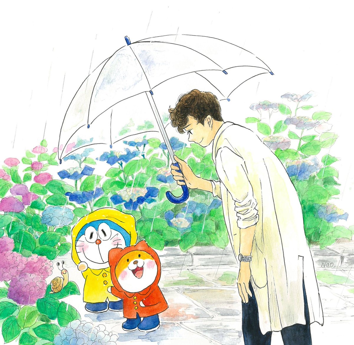 「雨の日。紫陽花。
小さなお友達との出会い。

‥雨の少ない梅雨でしたね…
そして」|Naoのイラスト