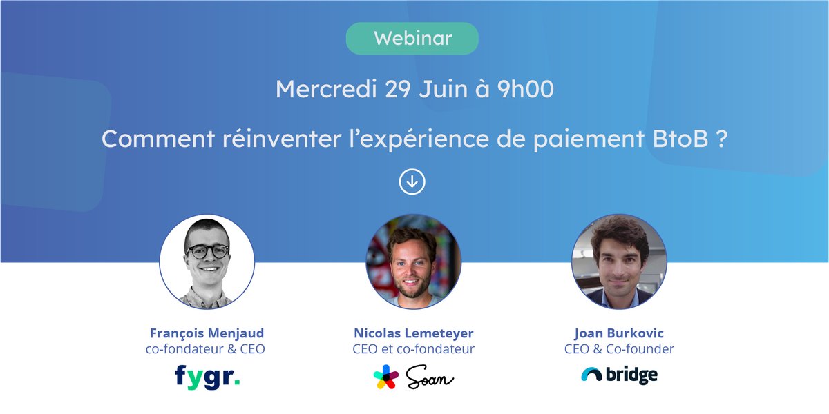 🗓RDV Mercredi 29 Juin à 9h00
Notre webinar co-organisé avec <a href="/Soan_solutions/">Soan</a> et <a href="/Fygr_io/">Fygr</a> a lieu demain !
Retrouvez le témoignage de nos experts sur les contours du paiement A2A dans le secteur du paiement BtoB.
Inscrivez-vous via le lien suivant : bit.ly/3Nrhlh7
#A2A
