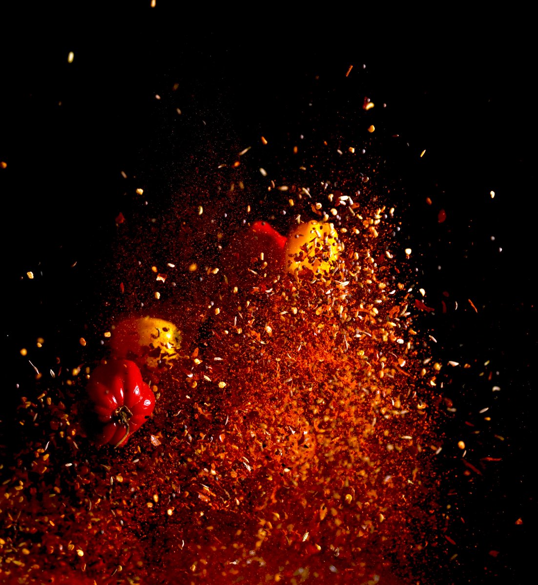 Chilli Spice Explosion. One of 6 final images created as part of exploring Indian street food. #chilli #bellpepper #habanero #ghostpepper #chilliflakes #panchpuran #nikond780