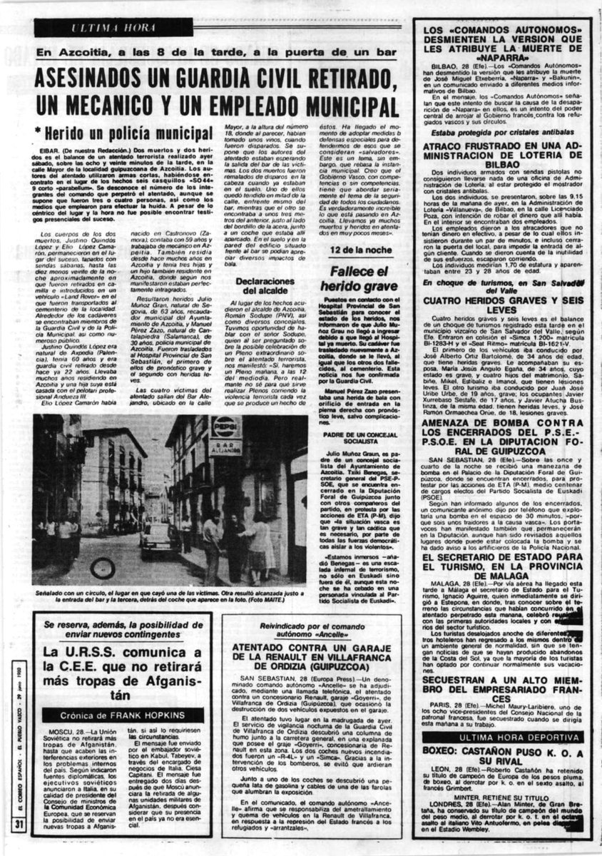 ConsuorF's tweet photo. Estás despidiéndote de tus amigos después de potear, de repente un vehículo frena y 4 terroristas de #ETA-CCAA abren fuego contra vosotros.

Se llamaban ELIO LÓPEZ, JULIO MUÑOZ y JUSTINO QUINDOS.

CULPABLES: pensar diferente.

Ocurrió #TalDíaComoHoy en #Azkoitia en 1980 ⤵️ https://t.co/T2WPz6FkIV