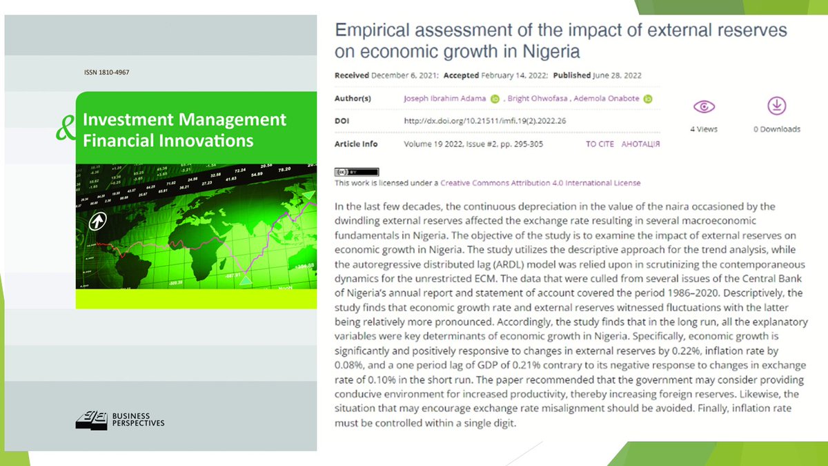 imfi_journal's tweet photo. 🔗 https://t.co/cRIrVcTJe3
📘Empirical assessment of the impact of external #reserves on economic growth in Nigeria
👥 Joseph Ibrahim Adama , Bright Ohwofasa , Ademola Onabote 
#ARDLmodel, #economicgrowth, #externalreserves, #tradeopenness https://t.co/HDH2NPd0a3
