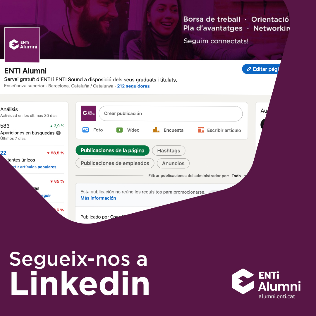 Teniu perfil professional a LinkedIn? Si encara no ho feu, us convidem a seguir-nos a la nostra pàgina, en la qual publiquem tota la nostra actualitat i compartim ofertes de feina interessants perquè les trobeu més fàcilment. 

Seguim connectats! #ENTIAlumni