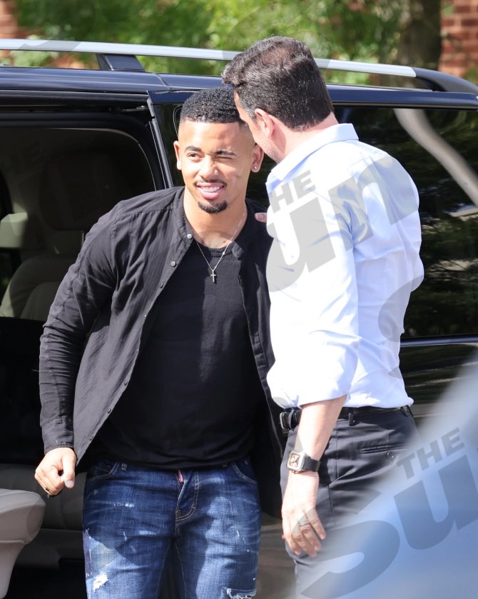 afcstuff's tweet photo. 🚨 Gabriel Jesus being greeted by Arsenal technical director Edu as he arrives at London Colney for his medical today. [The Sun exclusive] #afc https://t.co/rBJoGBkV2A