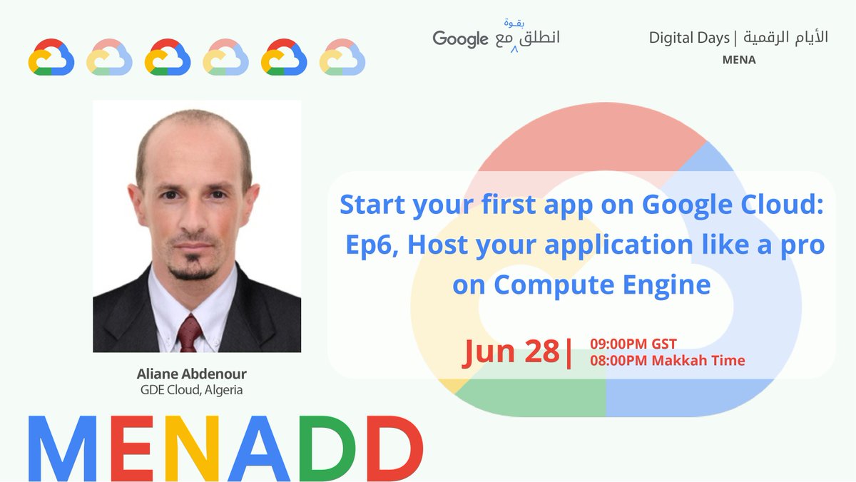 In a new episode of the #cloudcomputing series, with the expert <a href="/alabdelouahab/">ALIANE Abdelouahab</a>
Watch the session"Start your first app on Google Cloud: Ep6, Host your application like a pro on Compute Engine"9PM Dubai time live:youtu.be/5sbp0nCoNPs