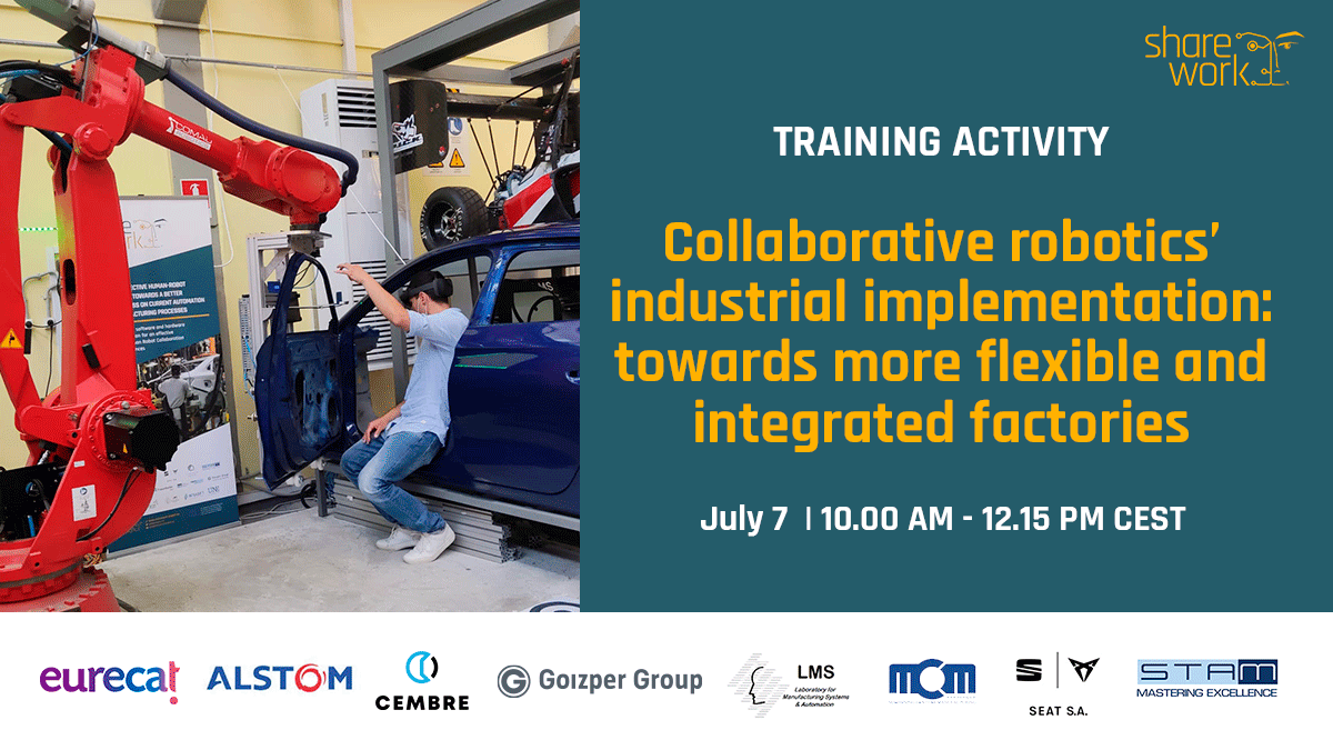 Eurecat_news's tweet photo. [7/7] El projecte @Sharework_EU, coordinat per Eurecat, organitza un webinar sobre la implementació de la #robòticacol·laborativa en entorns industrials. Presentarem les solucions implementades a 
@SEATofficial @goizpergroup @Alstom_es
 #CEMBRE
Registra't👇https://t.co/KxSK64UpDu https://t.co/Csfskk7Pf2