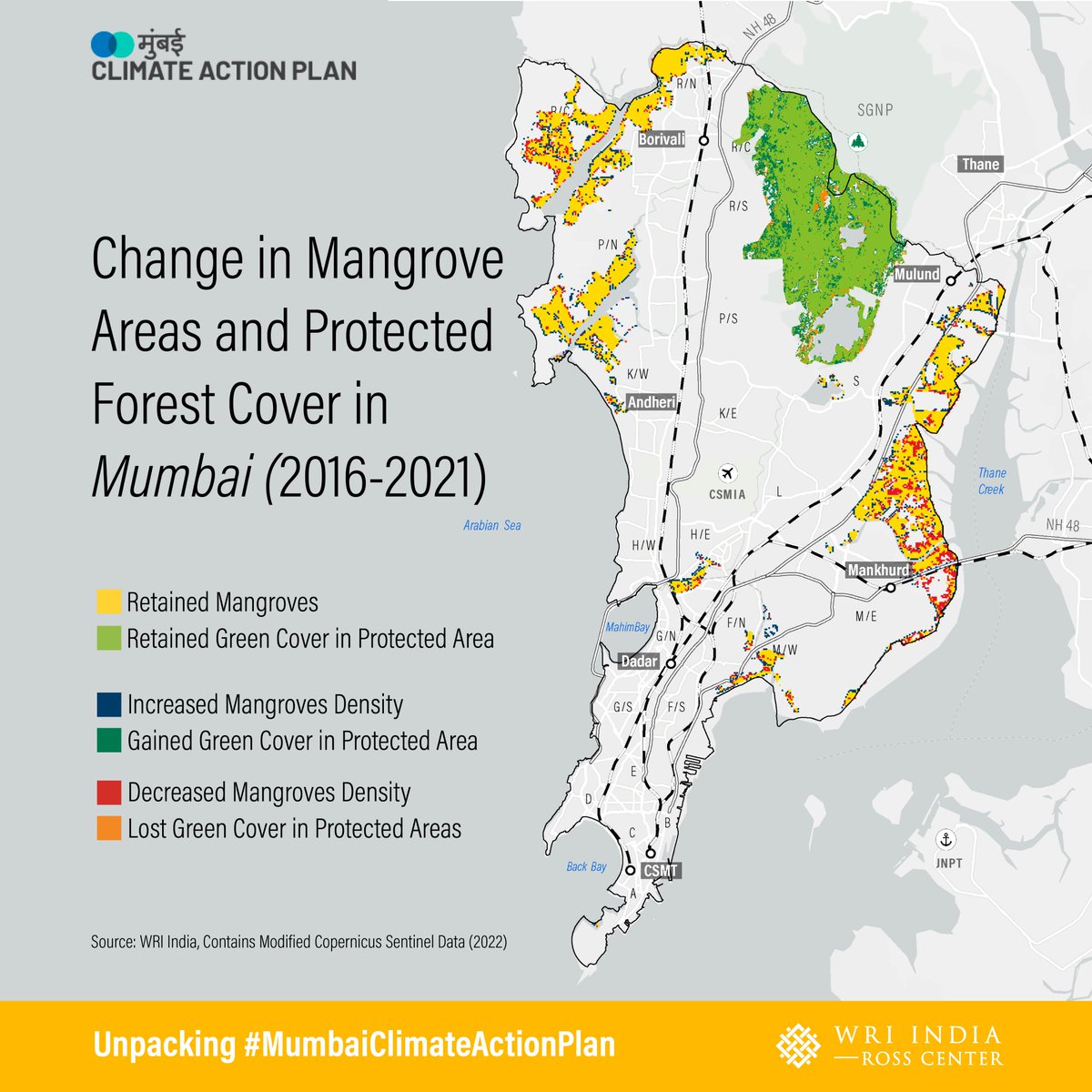 WRIIndia's tweet photo. Unpacking #MumbaiClimateActionPlan | Emission Profile: The Carbon &amp; Land Use Assessment helps calculate carbon removal from forest, mangroves &amp; trees. From 2016-21 1.73 lakh tonnes of CO2/year were removed, while 4581 tonnes of CO2/year were emitted due to loss of cover. (1/2) https://t.co/Nhsotluevq