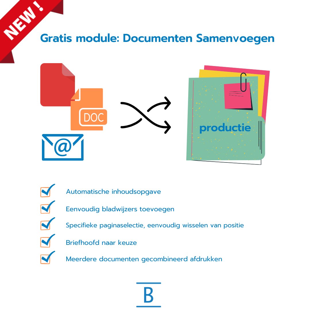 Nieuw module: documenten samenvoegen!
Doel: Eenvoudiger, sneller en minder foutgevoelig processtukken samenstellen, afdrukken en versturen. 

Stuk voor stuk printen, in volgorde leggen en samenvoegen van losse documenten tot één processtuk en weer scannen?  Zonde van uw tijd!