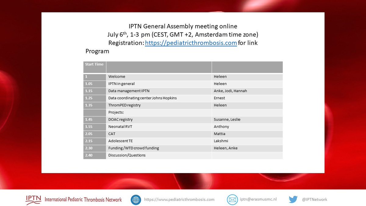Register for IPTN General Assembly meeting on July 6th, 1pm GMT+2, online. #iptn #pediatricthrombosis <a href="/isth/">ISTH</a>